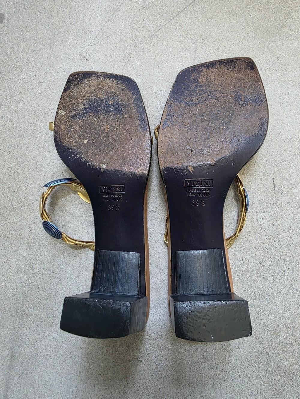 Vtg Vicini Giuseppe Zanotti Metallic Gold Blue Square Toe Bejeweled 38.5 Y2K 00s - Picture 9 of 16